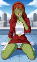 ai_generated alien_girl ass belt bigmic145 breasts cumming dc dc_comics female green_skin hairband jacket miss_martian panties red_hair remote_control_vibrator sex_toy sexually_suggestive skirt squirting t-shirt upskirt vibrator wet wet_panties wet_pussy young_justice