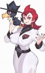 1girls ariana_(pokemon) breasts dress female huge_breasts inkerton-kun lipstick murkrow nail_polish nipple_outline pokemon pokemon_hgss red_hair red_lipstick red_nails team_rocket