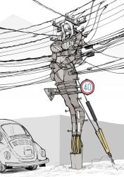 bodysuit bondage breasts city cityscape closed_eyes female giantess humanized humanoid large_breasts sidelocks sleeping swimsuit tagme taller_female taller_girl wires