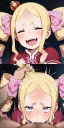 1boy 1girls ai_generated beatrice_(re:zero) blonde_hair blowjob blue_eyes blush brat bratty bratty_correction closed_eyes deepthroat drill_hair fellatio female forced_oral hentai4life_ instant_loss instant_loss_2koma laughing laughing_at_viewer male male_pov oral oral_sex penis pov pov_blowjob pubic_hair re:zero_kara_hajimeru_isekai_seikatsu saliva tagme twintails