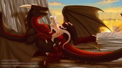 belly black_body black_scales daedalus_vindryal dragon female feral genitals hair hi_res humanoid icy-marth inari_(icy-marth) knot male mythological_creature mythological_scalie mythology penis red_belly scales scalie size_difference white_body white_hair white_scales