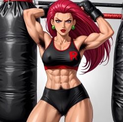 ai_generated armpit_hair armpits athletic athletic_female boxer boxing boxing_gloves boxing_ring deergirlfit excessive_pubic_hair female_pubic_hair fitness fitness_influencer fitness_model fully_clothed hairy hairy_armpits hairy_pussy jessie_(pokemon) muscles muscular muscular_female pokemon pubic_hair pubic_hair_peek red_hair strong_female toned toned_body toned_female toned_stomach