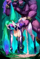 ai_generated alistar cum cumdrip cumdump defeat defeated defeated_heroine dj_sona doggy_style hair_grab league_of_legends lifting lifting_person raped size_difference sona_buvelle unconscious