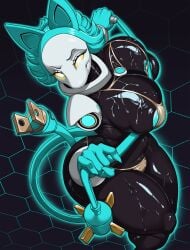 2025 ambiguous_fluids anthro big_breasts blue_hair bra breasts clothing cord_tail darkner deltarune detailed digital_drawing_(artwork) digital_media_(artwork) felid feline female hair half-length_portrait hamili hi_res looking_at_viewer machine mammal portrait robot smile tasque_manager tasque_manager_(deltarune) thong undertale_(series) underwear whip yellow_eyes