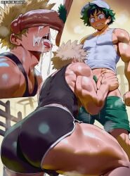 ai_assisted ai_generated ass big_ass big_ass_(male) big_butt big_butt_(male) blowjob blush boku_no_hero_academia clothed clothing cum cum_on_tongue deku gay gym gym_clothes gym_clothing gym_shorts haruartx izuku_midoriya katsuki_bakugou male male_focus male_only muscular muscular_male my_hero_academia open_mouth oral oral_sex penis penis_awe penis_on_face slutboy slutty submissive submissive_male sweat sweatdrop sweating yaoi