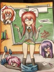 4girls accidental_exposure artist_request artist_unknown blush bow bow_panties doki_doki_literature_club embarrassed embarrassed_underwear_female embarrassed_undressed_female euf female female_only green_panties long_hair monika_(doki_doki_literature_club) multiple_girls natsuki_(doki_doki_literature_club) nosebleed panties sayori_(doki_doki_literature_club) skirt skirt_pull underwear undressed undressed_by_others unknown_artist white_bow yuri_(doki_doki_literature_club)