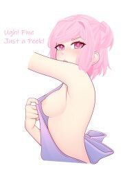 1girls apron apron_only boobs braless breasts doki_doki_literature_club english_text female giovan108 naked_apron natsuki_(doki_doki_literature_club) nipples no_bra peek peeking peeping pink_eyebrows pink_eyes pink_hair pink_text sideboob solo text