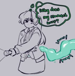 belly_inflation clothed dialogue dialogue_box expansion female female_focus female_only flashlight hair inflation jacket line_art line_art nighterrandt ononamonapia original_character shirt skirt slime slime_(substance) slime_inflation transparent_belly