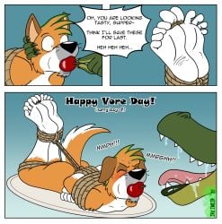alligator alligatorid anthro apple_in_mouth bodily_fluids bondage bondage bound canid canine canis crocodilian domestic_dog drooling duo english_text feet female food food_fetish food_play fur gagged_talk green_body green_scales hi_res hogtied imminent_vore irkingir izzy_(irkingir) male male/female mammal orange_body orange_fur reptile restraints rope rope_bondage saliva scales scalie shiba_inu speech_bubble spitz submissive submissive_male text toe_restraints toes toes_tied vore_day_2025 white_body white_feet white_fur