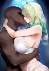 ai_generated blush breasts ceres_fauna dark-skinned_male dark_skin green_hair hololive huge_breasts interracial kissing large_breasts male steam steaming_body tongue_kiss wedding_veil