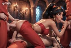 1girls 3boys ai_generated aladdin aladdin_(1992_disney_film) anal arabian_clothes ass balls bandeau black_hair blowjob breasts brown_eyes candle chain_leash chains circlet collar dark_skin double_penetration earrings fellatio female gangbang group_sex hi_res indoors jewelry large_breasts leash lips long_hair lying makeup male male_pubic_hair multiple_boys nipples oral pants penis ponytail princess_jasmine pubic_hair pussy r34arts red_pants sex solo_focus spitroast straight testicles threesome tiara triple_penetration tube_top uncensored vaginal_penetration veiny_penis