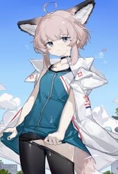 absurdres ahoge animal_ears arknights black_choker black_pantyhose black_skirt blue_eyes blue_sky blue_vest breasts choker closed_mouth clothes_pull coat cum extra_ears female flying_sweatdrops fox_ears fox_girl fox_tail grey_hair highres hood hood_down hooded_coat lab_coat material_growth meiwei_de_jianbing oripathy_lesion_(arknights) outdoors pantyhose pantyhose_pull pussy short_hair skirt skirt_tug sky small_breasts solo sussurro_(arknights) sweat tail vest white_coat