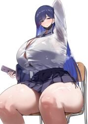 arm_behind_head armpits blue_hair bra_visible_through_clothes breasts button_gap cellphone chair cleavage diagonal_bangs eyes_visible_through_hair female hair_over_one_eye holding holding_phone huge_breasts lips long_hair mask mask_pull mouth_mask necktie original panties phone pink_eyes school_uniform seito_edaha shirt side-tie_panties sitting skirt smartphone solo sweat thick_thighs thighs tight_clothes tight_shirt underwear white_background white_shirt