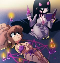 2girls absurdly_long_hair big_hair black_eyes black_hair book breasts brown_hair candle cleavage closed_mouth clothed_female_nude_female clothing coolerinker covered_nipples dagger dress female holding holding_book holding_knife holding_object horns inker_comics inkershike knife large_breasts long_hair lying magic_circle mona_(inker_comics) monica_(inker_comics) multiple_girls nipples nude on_back open_book pentagram pink_horns reading sitting very_long_hair weapon