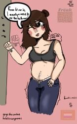 beauty_marks big_breasts blush bra brown_hair chubby_female crying desperate_to_pee desperation embarrassed_female embarrassment genderswap_(mtf) jeans kinky_mimi_(artist) knocking_on_door no_visible_genitalia omorashi panties_visible_through_clothing park_min-su peeing red_bow ring sports_bra squid_game tears_of_embarrassment urine wet_spot wetting_self wide_hips