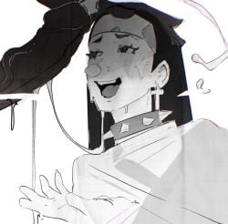 1 1boy 1girls after_fellatio after_oral bandana beth_(shin_megami_tensei) black_penis blush cape cock_awe cock_drunk cross_earrings cum_bubble cum_dripping_from_nose cum_dripping_from_penis cum_on_face cumming cumshot dripping_cum female fully_clothed_female male monochrome penis shin_megami_tensei shin_megami_tensei_ii smile spiked_collar usurper2001