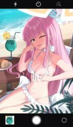 ;) absurdres angel_wings beach bikini bikini_top_pull blue_archive breasts cake commentary cum cum_on_body cum_on_breasts english_commentary fake_phone_screenshot fake_screenshot female food frilled_bikini frills halo highres long_hair looking_at_viewer medium_breasts mika_(blue_archive) mika_(swimsuit)_(blue_archive) myuf navel nipples ocean official_alternate_costume one_eye_closed outdoors pink_hair pulling_own_clothes sitting smile solo stomach swimsuit swiss_roll tropical_drink variant_set very_long_hair white_bikini wings yellow_eyes
