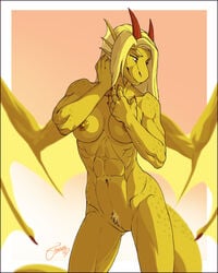 2015 abs anthro blonde_hair breasts claws dragon female female_only female_pubic_hair feralise hair horn looking_at_viewer medium_breasts muscular muscular_female nipples nude pubic_hair pussy serylis smirk solo spots standing wings yellow_eyes yellow_skin