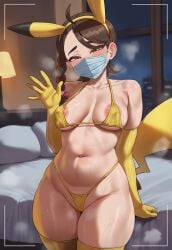 1girl 1girls ai_generated animal_ears areola_slip areolae bangs bikini braid breasts breath brown_eyes brown_hair covered_nipples elbow_gloves fake_animal_ears female gloves heavy_breathing highleg highleg_bikini indoors juliana_(pokemon) legs_together looking_at_viewer mask medium_breasts micro_bikini mouth_mask navel pokemon pokemon_sv shiny shiny_skin skindentation solo steam surgical_mask sweat swimsuit tharkica thighhighs yellow_bikini yellow_gloves yellow_legwear