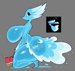 anthro ass big_breasts blue_body blue_eyes breasts cuptain darkner deltarune elemental_creature female group hi_res looking_at_viewer miss_mizzle miss_mizzle_(deltarune) mizzle_(deltarune) nude nupi pointy_breasts princess royalty solo trio undertale_(series) water water_creature