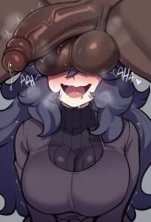 1boy 1girl ai_generated balls blush breasts dark-skinned_male drooling erection female hetero hex_maniac hex_maniac_(pokemon) large_breasts long_hair male mochipawg open_mouth penis penis_awe penis_on_face pokemon pokemon_xy precum purple_hair solo_focus sweat sweater testicles trembling uncensored