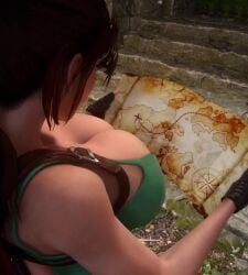 1girls 3d 3d_animation animated big_breasts breasts brown_eyes brown_hair bursting_breasts busty caught_in_the_act cleavage crop_top huge_breasts lara_croft large_breasts long_hair looking_at_breasts looking_at_viewer overflowing_breasts pov tagme tank_top tomb_raider vaako video