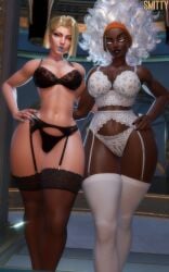 2girls afro arm_around_partner big_breasts black_lingerie black_lipstick black_nail_polish black_nails blonde_female blonde_hair blue_lipstick blue_nail_polish blue_nails breasts chocolate_and_vanilla dark-skinned_female emma_frost emma_frost_(marvel_rivals) female female_only garter_belt garter_straps hand_on_hip light-skinned_female lingerie lingerie_only long_fingernails marvel marvel_comics marvel_rivals medium_breasts mutant mutant_(marvel) ororo_munroe painted_nails short_hair smitty34 storm_(marvel_rivals) storm_(x-men) thick_thighs thigh_highs white_eyes white_hair white_lingerie wide_hips