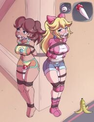 2girls animated animated_image barefoot blonde_hair blue_earrings blue_eyes blush bondage boundlightning breasts brown_hair denim denim_shorts earrings female flower_earrings large_breasts long_hair mario_(series) mario_kart mario_kart_world navel nintendo onmodel3d ponytail princess_daisy princess_daisy_(swimwear) princess_peach princess_peach_(touring) rope_bondage self_upload short_hair shorts sound swimsuit tagme tied_to_pole vibrator video