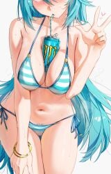 1girls 2d 2d_(artwork) abdomen aqua_(konosuba) bangs belly belly_button big_breasts bikini bikini_bottom bikini_only bikini_top blonde_female blue_hair blue_hair_female blue_pubes blush breast_press breasts cleavage drink drink_can drinking female female_only goddess heart hourglass_figure kono_subarashii_sekai_ni_shukufuku_wo! large_breasts light-skinned_female light_skin long_hair long_hair_female midriff monster_energy monster_energy_can navel object_between_breasts only only_female pose pubes pubic_hair pubic_hair_peek side_tie_bikini slim_waist sole_female solo solo_focus steam straight_hair straw striped_bikini swimsuit thick_thighs thighs twitter_username very_long_hair waligner wet wet_skin wide_hips