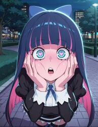 ai_art ai_assisted ai_generated bangs black_dress black_thighhighs blue_bow blue_eyes blue_hair blunt_bangs blush bow breasts city colored_inner_hair dress female grass hairbow hands_on_own_cheeks hands_on_own_face heart heart-shaped_pupils juliet_sleeves lamppost large_breasts long_hair long_sleeves looking_at_viewer multicolored_hair nail_polish night night_sky open_mouth oujisan outdoors panty_&_stocking_with_garterbelt patreon patreon_url patreon_username pink_hair puffy_sleeves road self_upload sky solo stocking_anarchy striped symbol-shaped_pupils tagme teeth thighhighs tree two-tone_hair