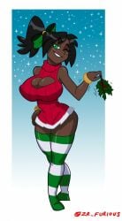 beauty_mark big_breasts boob_window bracelet breasts christmas christmas_outfit christmas_sweater dark-skinned_female dark_skin female furiousart gold_bracelet golden_bracelet green_eyes green_ribbons hand_on_hip imani_(zrfurious) long_stockings mistletoe mole mole_(marking) mole_on_cheek mole_under_eye ponytail seductive smile stockings striped_stockings thick_thighs thighs wink zrfurious