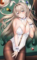 1girls animal_ear_hairband animal_ears background ball bare_shoulders between_breasts big_breasts billiard_ball billiard_table blush bottle bunny_ears bunny_girl bunnysuit collarbone cue_stick detached_collar empty_bottle eyebrows eyebrows_visible_through_hair fake_rabbit_ears fake_tail female female_only firefly_(honkai:_star_rail) flustered green_hair grey_hair hair_ornament headband holding_cue_stick honkai:_star_rail leotard light-skinned_female light_skin long_hair looking_at_viewer lying_on_back lying_on_table multicolored_hair pale-skinned_female pantyhose pool_table rabbit_ears serving_tray shouhaku0512 shy solo solo_focus strapless_leotard table thighs white_bunny_ears white_bunnygirl_costume white_bunnysuit white_leotard wrist_cuffs