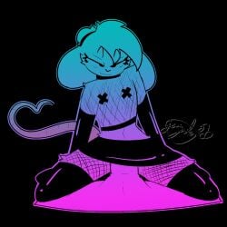 anthro blacklight bottomwear clothing collar ears_down fishnet_clothing fishnet_legwear gazaster gesture gradient hi_res latex latex_bottomwear latex_clothing latex_legwear latex_skirt legwear male male_(lore) mammal mouse murid murine nipple_tape pasties penetration pivoted_ears reggie_(whygena) rodent sex simple_background skirt solo_focus tail tail_gesture tail_heart tape