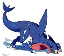 2025 3_toes all_fours anthro ass_up biped black_sclera blue_body blue_scales blue_tail bodily_fluids breasts claws countershade_scales countershade_torso countershading digital_media_(artwork) dorsal_fin feet female fin front_view garchomp generation_4_pokemon hi_res lolobot looking_at_viewer multicolored_body nintendo open_mouth pokemon pokemon_(species) red_body red_scales saliva scales shadow sharp_teeth simple_background smiling smiling_at_viewer solo spikes spikes_(anatomy) tail teeth toe_claws toes tongue tongue_out top-down_bottom-up voluptuous white_background white_body yellow_body yellow_eyes