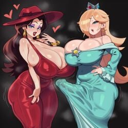 2girls ai_generated bare_shoulders blonde_hair blue_eyes breasts cleavage curvy dress earrings gigantic_breasts hair_over_one_eye hand_on_hip hat heart heart-shaped_pupils huge_breasts jewelry lipstick long_hair mario_(series) mochipawg multiple_girls nail_polish off-shoulder_dress pauline princess_rosalina purple_nails rosalina symbol-shaped_pupils thick_thighs thighs witch_hat