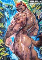 1boys 2025 anthro ass back_muscles balls bara barazoku brown_body brown_fur claws deltoids finger_claws flaccid forearm_muscles fur genitals grass hair hi_res hyena looking_at_viewer looking_back looking_back_at_viewer male mammal markings mrkun muscular muscular_thighs nipples nude open_mouth painting_(artwork) pecs penis plant pubes rear_view red_hair rock smile solo spots spotted_body spotted_fur spotted_hyena tail traditional_media_(artwork) traditional_painting_(artwork) tree triceps vein veiny_penis waterfall