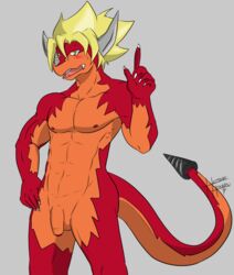 1boy abs anthro blush dragon drum_(buddyfight) drum_bunker_dragon embarrassed fangs flaccid front_view hand_on_hip heibanhikaru horn humanoid_penis male male_only nipples nude open_mouth partially_retracted_foreskin pecs penis scalie signature solo standing sweat sweatdrop toned uncut