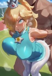 1boy 1girl 1girls ai_generated arm_grab arm_held_back big_ass big_breasts blonde_hair blue_eyes blush bouncing_breasts breasts breath clothed_female_nude_male clothed_sex clothing covered_nipples crown doggystyle dress earrings hair_over_one_eye hetero jewelry lips long_hair mario_(series) mario_tennis motion_blur nude penetration princess_rosalina princess_rosalina_(tennis) racket rosalina sex sex_from_behind solo_focus standing standing_sex sweat tagme tennis_racket tennis_uniform tharkica