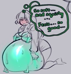 belly_inflation bra breast_expansion breasts clothed dialogue dialogue_box drooling expansion female female_focus female_only flashlight hair inflation jacket lactation lactation_through_clothes line_art nighterrandt nighterrandt ononamonapia original_character shirt skirt slime slime_(substance) slime_inflation transparent_belly