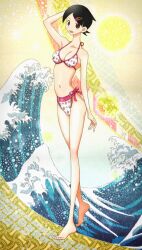 1girls 2010 2010s artist_request asian asian_female bikini black_hair blush_lines breasts brown_eyes detailed_background faux_traditional_media female female_only floral_print_bikini fuura_kafuka hair_clip hair_ornament hairclip happy light-skinned_female light_skin looking_at_viewer open_mouth pussy pussy_bulge sayonara_zetsubou_sensei short_hair skinny slim slim_waist small_breasts solo source_request swimsuit swimwear white_bikini white_swimsuit white_swimwear