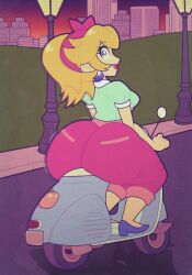 1girls ass big_ass blonde_hair bottom_heavy clothing ear_piercing earrings evening fat_ass female female_only huge_ass kinggargantuas large_ass looking_at_viewer looking_back mario_(series) massive_ass moped outdoors pants piercing png princess_peach riding shirt shoes solo streetlight thick_ass thick_thighs vehicle wide_hips