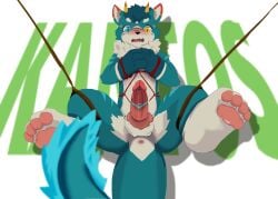 absurd_res anthro anus blush bondage bound chimera erection fur genitals heterochromia hi_res horn jiper_zark kantos_(xxl_woofia) knot male pawpads penis rope solo solo_male teal_body teal_fur xxl_woofia