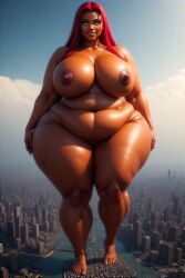 ai_generated arms_up bbw dc female giantess green_eyes koriand'r nipples obese perchance_ai pussy red_hair red_lipstick ssbbw starfire tan_skin teen_titans