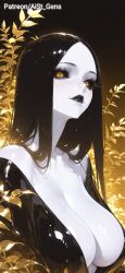 ai_generated artist_name bare_shoulders black_dress black_hair black_lips black_sclera breasts cleavage colored_sclera colored_skin dress female forehead gradient_background grey_skin large_breasts lipstick long_hair looking_at_viewer makeup off_shoulder pale_skin parted_bangs parted_hair plunging_neckline shiny_clothes shiny_skin slit_pupils smile solo straight_hair upper_body yellow_eyes