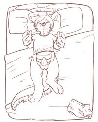 1boy 3_toes anthro balls barbs bed blanket bottomless clothed clothing dragon erection hair half-dressed kittydoki line_art lying male male_only nude on_bed penis pillow reaching solo toes