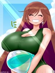 1girls 2025 alternate_breast_size alternate_costume ball beachball blue_sky blush breast_rest breasts brown_hair carried_breast_rest carrying cleavage closed_eyes cloud commentary_request dated day female glint green_one-piece_swimsuit grin highres holding holding_ball holding_beachball huge_breasts itini-sanshi long_hair one-piece_swimsuit outdoors rozen_maiden sky smile solo suiseiseki swimsuit upper_body very_long_hair