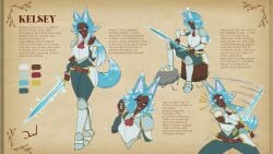 armor armored_boots armored_female blue_hair breastplate character_sheet color_palette dark_skin dazol female female_knight fox_ears kelsey kemonomimi knight multicolored_hair original_character reference_sheet sword tagme tail yelling