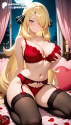 1girls 2026 ai_assisted ai_generated anime artist_name bed bed_sheet bedroom big_breasts blonde_hair breasts bust busty canopy_bed curtains cynthia_(pokemon) explicit female female_only flower garter_belt hair_over_one_eye hi_res high_quality high_resolution highres indoors large_breasts long_hair navel night night_sky on_bed patreon patreon_username petals pillow pokemon red_bra red_flower red_rose rose rose_petals skypassion smile stable_diffusion thighhighs valentine's_day valentines_day watermark window