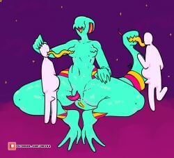alien alien_genitalia alien_humanoid big_clitoris bodily_fluids bulge clitoris cum cum_inflated_belly cum_inside female genital_fluids genitals group hi_res human humanoid inflation larger_female living_tail male mammal mevka_(artist) monster_girl_(genre) pregnant pregnant_male pussy size_difference smaller_male tail tail_mouth trio trio_focus unusual_anatomy unusual_tail