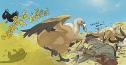 2025 accipitriform aetherxov ass avian belly big_butt bird bloated bone corpse corvid corvus_(genus) covering_nose crow desert fart fart_cloud fart_fetish feces feet feral feral_focus gore hi_res huge_butt laugh looking_back male male_focus nose_pinch onomatopoeia oscine outside overweight overweight_feral passerine raised_leg sand shart side_view solo_focus sound_effects talons text toes vulture